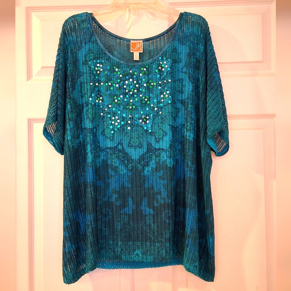 JM Collection, XL, Woman's Sequined Overlay Top, Dark & Light Teal